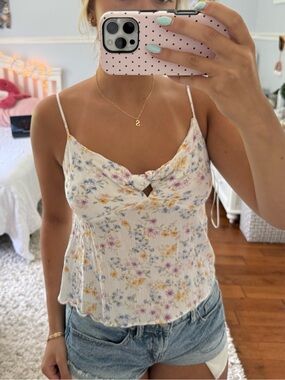Pink Rose White Floral Tie-Front Camisole